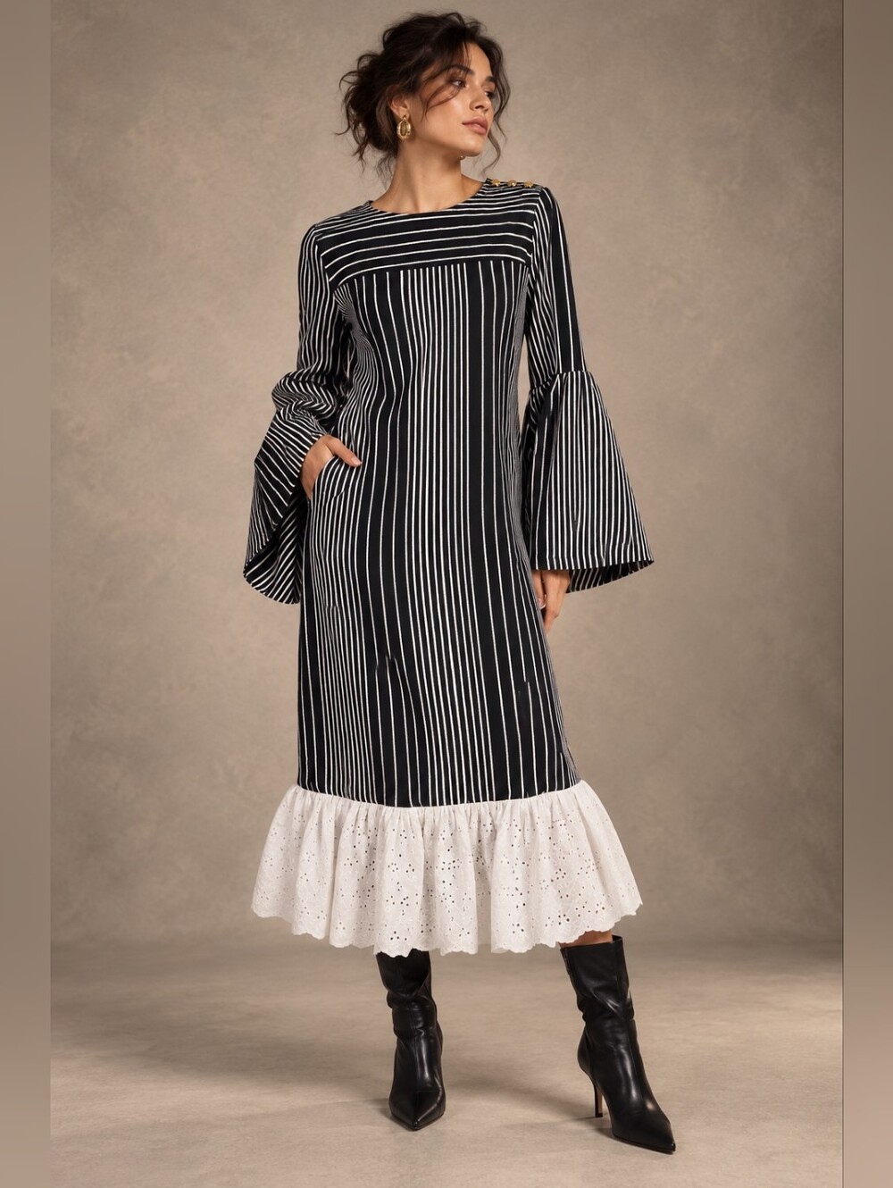 Reworked Black & White Striped Midi Dress – Eyelet Ruffle Hem Bell Sleeve Dress
